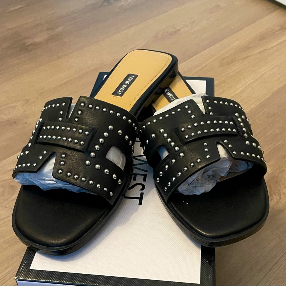 Nine West Flat Slide Sandals Studded Detail Size 11